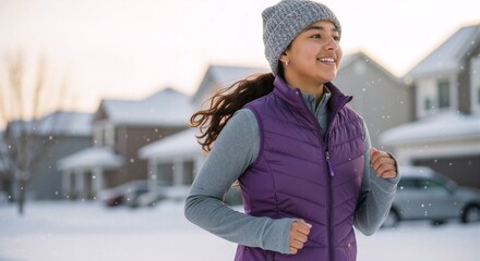 Happy young woman jogging in the snow on a cold winter day. Active female exercising outdoors in a suburban neighborhood. Healthy lifestyle and fitness concept