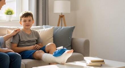 A caring mother comforts her son with a broken leg in a cast at home. Young boy with an injury resting on the sofa. Family healthcare and recovery concept