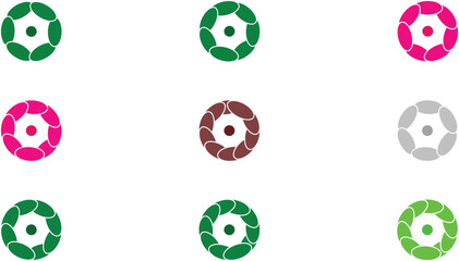 Nine colorful geometric shapes, featuring circles with petallike designs, creating a visually appealing and symmetrical pattern