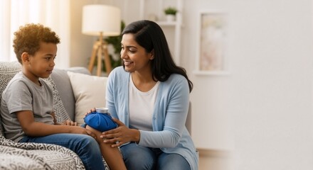 Caring Indian mother applying an ice pack to her young son's hurt knee. First aid for a childhood injury at home. Diverse family and parenting concept with copy space
