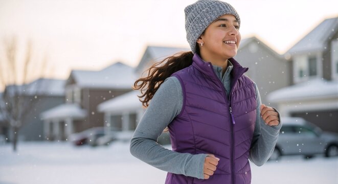 Happy young woman jogging in the snow on a cold winter day. Active female exercising outdoors in a suburban neighborhood. Healthy lifestyle and fitness concept