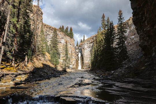 A stunning view of Bighorn falls near Ya Ha Tinda Ranch in Alberta, Canada