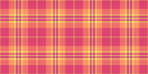 Vibrant plaid pattern in pink, orange and yellow tones. Seamless textile design, perfect for backgrounds, fabrics, and graphic projects, adding a warm, cheerful touch.