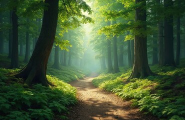 Fototapeta premium Dirt path winds through dense green forest. Tall trees stand on sides, leaves glow in sunlight. Ground cover like ferns fills woods. Light mist creates serene, quiet nature scene. Explore wilderness.
