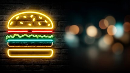 Neon hamburger sign glowing on a dark brick wall. Retro fast food advertising banner with bokeh lights and space for text