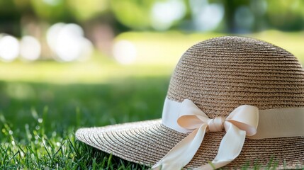 Sun hat resting on green grass in a serene park during a sunny day