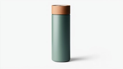Stylish green slim water bottle with wooden lid placed on white surface