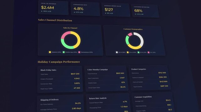 Executive dashboard with holiday campaign metrics and sales analytics display
