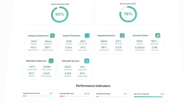 Healthcare provider performance dashboard with patient satisfaction metrics and operational data display