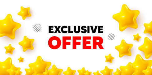 Exclusive offer winner banner with 3d stars. Golden stars banner. Exclusive offer tag. Sale price sign. Advertising discounts symbol. Review rate background. Vector