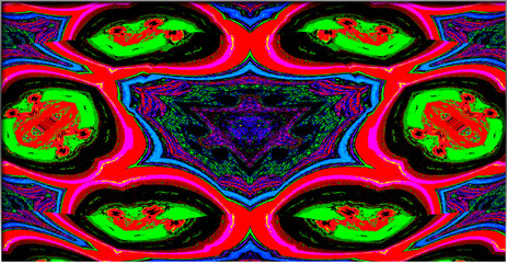 Symmetry pulses through a kaleidoscope of color, red, green, and blue radiate across the pattern, casting a vibrant spell of motion and balance.