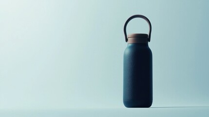 Stylish reusable water bottle standing against a soft blue backdrop on a clean surface