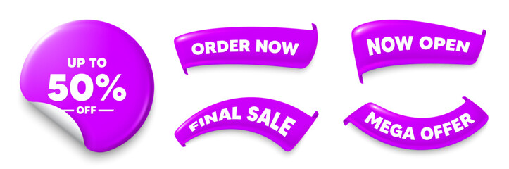 Discount tag purple sticker, Sale offer ribbons. Final sale, Order now. Up to 50 percent off sale. Discount offer price sign. Special offer symbol. Save 50 percentages. Sticker badge. Vector
