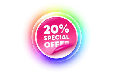 Discount sticker rainbow gradient. Paper offer price tag. 20 percent discount offer tag. Sale price promo sign. Special offer symbol. Sticker label. Grain dots effect. Vector