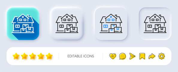 Fototapeta premium Home moving line icon. Neumorphic, Flat shadow, 3d buttons. Package delivery sign. House storage symbol. Line home moving icon. Social media icons. Vector