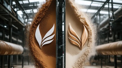 Creative display of cocoa powder and coffee grounds in a warehouse setting with artisan flair