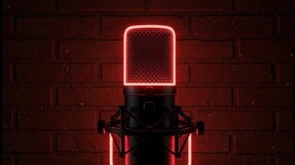 Podcast Christmas Theme, Vibrant Red Microphone Against Textured Brick Wall Studio Recording Creates Striking Visual
