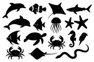Silhouette collection of marine animals including dolphin, shark, jellyfish, and seahorse