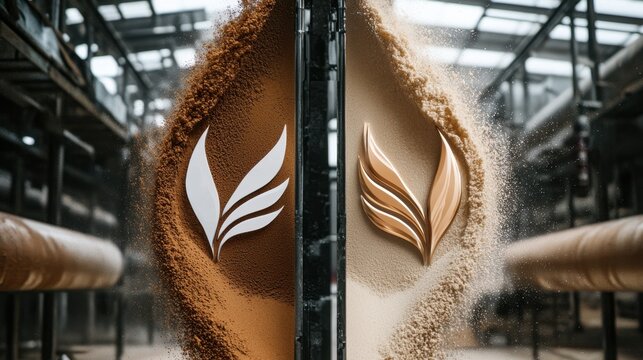 Creative display of cocoa powder and coffee grounds in a warehouse setting with artisan flair