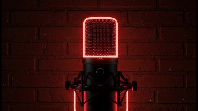 Podcast Christmas Theme, Vibrant Red Microphone Against Textured Brick Wall Studio Recording Creates Striking Visual