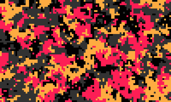Abstract pixelated camo pattern in vibrant pink, orange, and black.  Ideal for fashion, textile design, gaming backgrounds, or digital art projects.