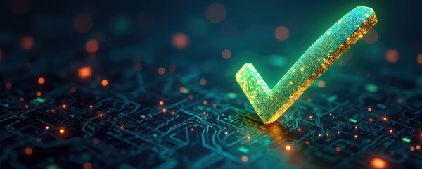 Green check mark symbol on circuit board background. Digital confirmation for verification or success. Technology concept for approval and validation. Computer network system element.