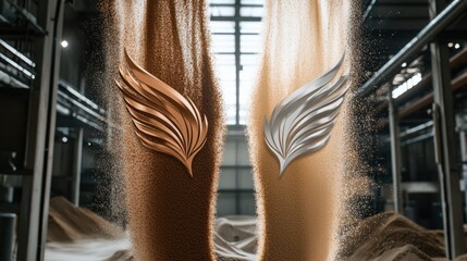 Golden and silver grains flowing in a modern industrial setting, showcasing natural elements and production processes