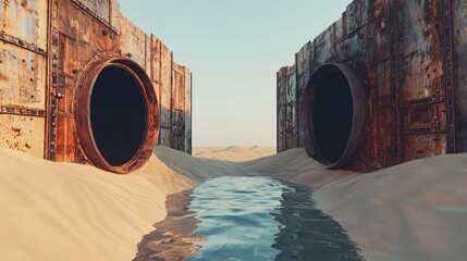 Rusty tunnels emerge from golden sands creating a surreal landscape in a desert environment under clear blue skies