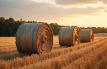 Obraz premium Golden hour light bathes a harvested wheat field with round hay bales. Tall green trees line the horizon under a warm, cloudy sky. Agricultural landscape.