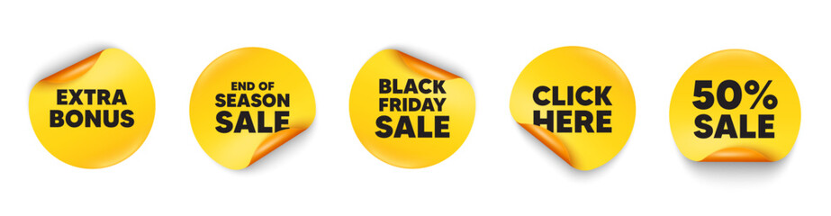 Extra bonus sticker tag. 50 percent discount, Black friday paper price banners. Extra bonus offer tag. Special gift promo sign. Sale promotion symbol. Click here sticker. Vector