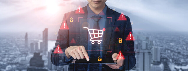 A security alert concept for e-commerce. This warning signifies a risk in an online shopping...