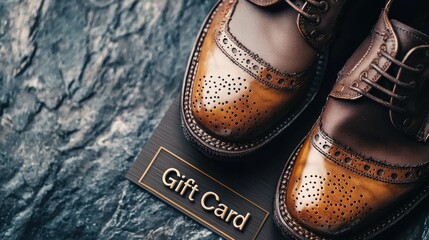 Stylish brown leather shoes paired with a gift card on textured stone surface