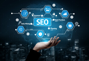 A hand reaches towards an innovative digital interface showcasing SEO elements like keywords, data mining, and best practices set against a vibrant city skyline. Tessel