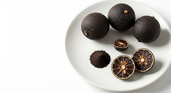 Dried black limes and whole dried limes on a white plate