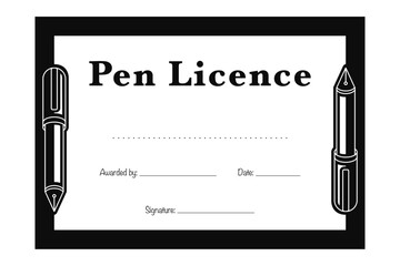 Black and white pen licence template with copy space for names for children who are learning to write in school in vector
