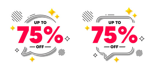 Plakat Discount tag chat speech bubble. Social media concept. Up to 75 percent off sale. Discount offer price sign. Special offer symbol. Save 75 percentages. 3d flare stars chat bubble. Vector