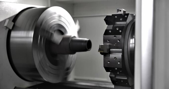 High-speed machining process showcasing rotating spindle and cutting tool in action, emphasizing precision engineering and dynamic motion sequence