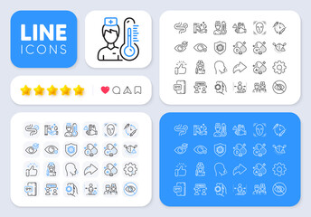 Difficult stress, Covid app and Digestion line icons for web app. Message, Share, Like social media icons. Pack of Dont touch, Not looking, Vaccination pictogram icons. Vector