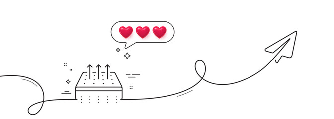 Breathable mattress line icon. Continuous line with share plane. Orthopedic pad sign. Air flow sleep bed symbol. Hearts rate review in speech bubble. Breathable mattress single line ribbon. Vector