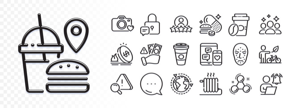 Radiator, Human rating and Takeaway coffee line icons for web app. Glare of light effect. Message icon. Pack of Social media, Squad, Lock pictogram icons. Vector