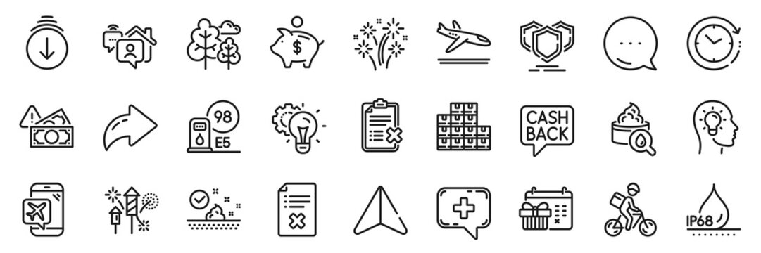 Moisturizing cream, Scroll down and Fireworks rocket line icons pack. Share, Message, Paper plane icons. Petrol station, Flight mode, Shields web icon. Vector