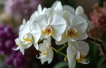 Obraz premium White orchid flowers bloom beautifully. Yellow, red details visible on petals. Elegant tropical plants fresh, vibrant, clustered together. Close up of blooming phalaenopsis orchids in bright, natural