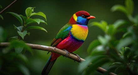 Obraz premium A vibrant bird perched on a branch surrounded by lush green leaves.