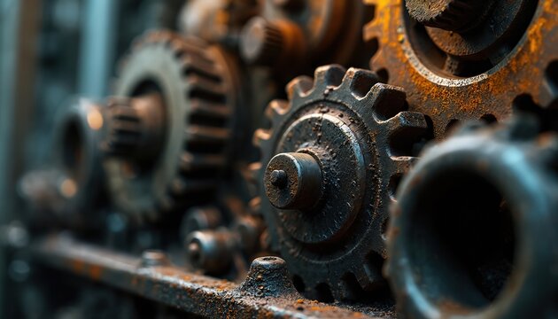 Close-up of old rusty gears in factory setting. Machinery parts show metal texture and mechanical details. Industrial equipment is an engineering concept related to mechanics and manufacturing.