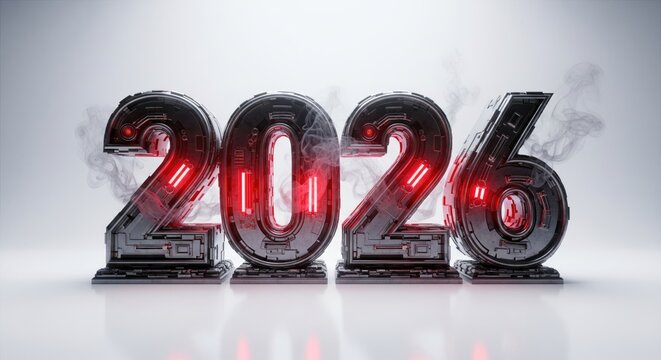 Futuristic representation of the year 2026 with glowing digital numbers.