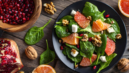 Orange Grapefruit salad with spinach, walnuts, pomegranate seeds and feta cheese. healthy food