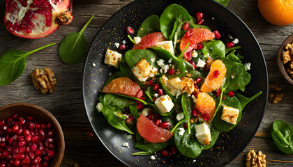 Orange Grapefruit salad with spinach, walnuts, pomegranate seeds and feta cheese. healthy food