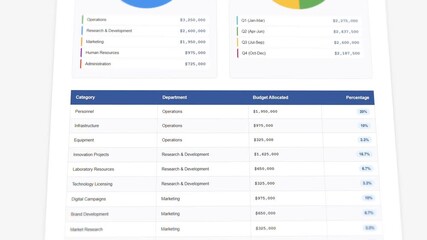 Budget allocation chart document with department distribution and quarterly breakdown visualization progression display