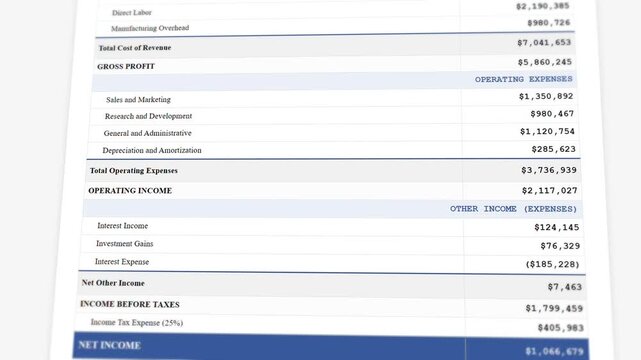 Annual income statement with animated financial counters and revenue calculations display