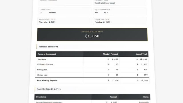 Residential lease agreement document with contract summary and financial breakdown calculations display